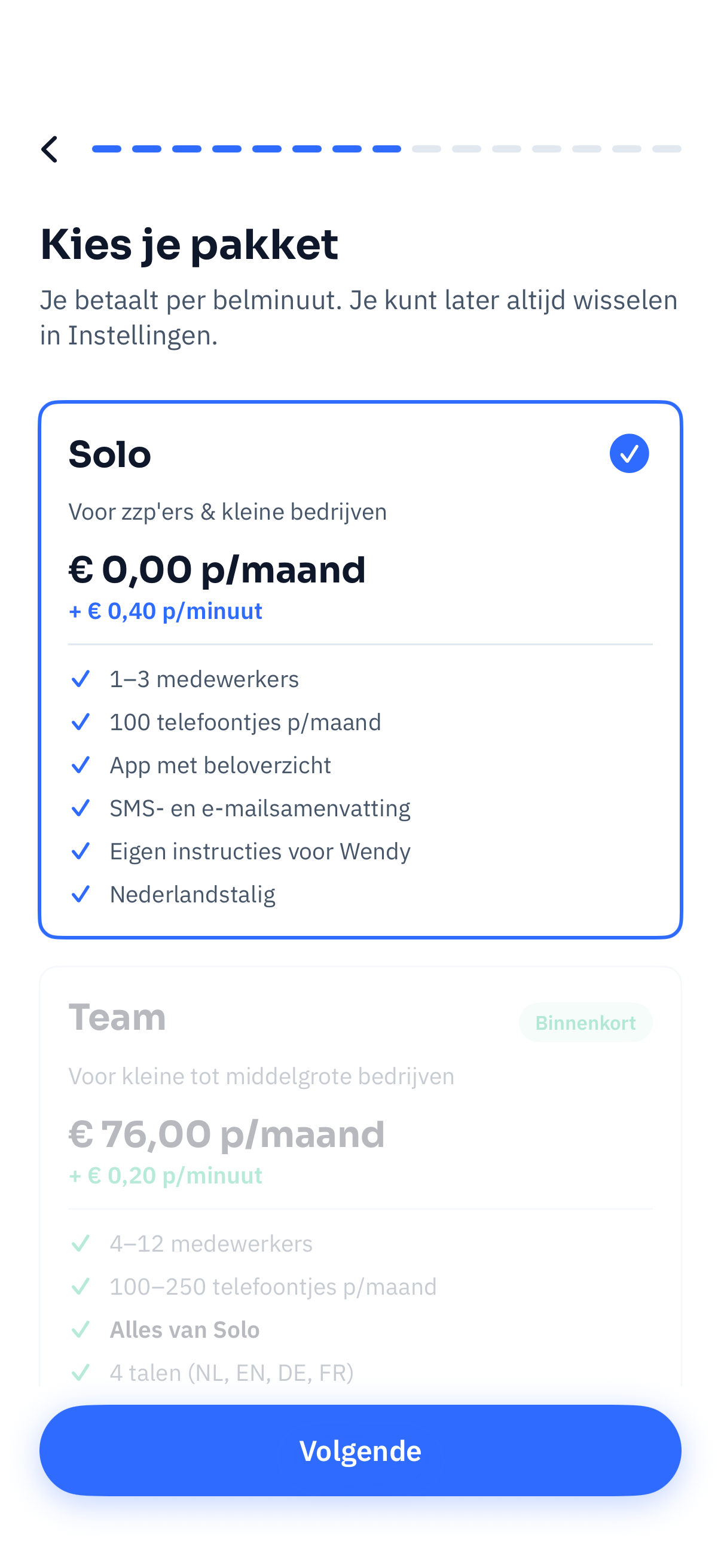 Scherm waarin je een pakket kiest