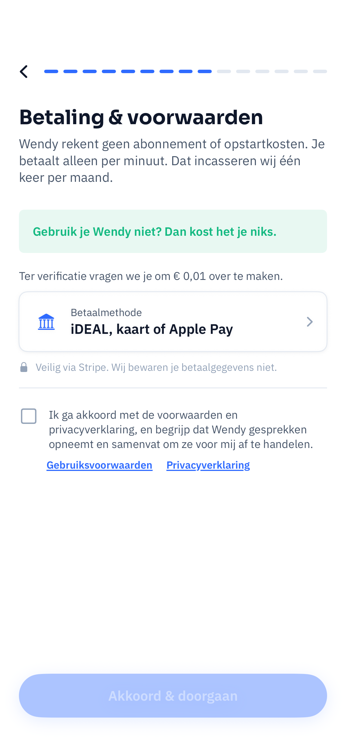 Scherm voor betaling en voorwaarden